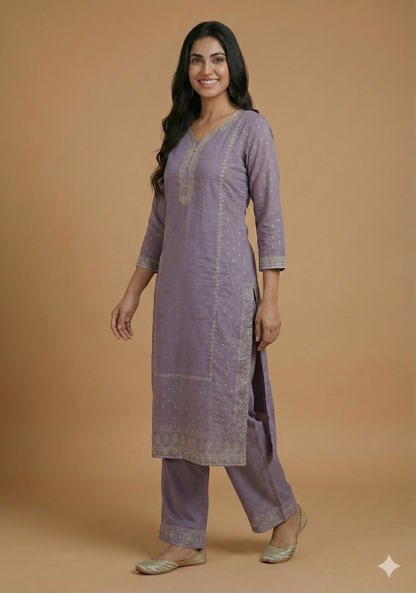 Purple Round V Neck Cotton Kurta