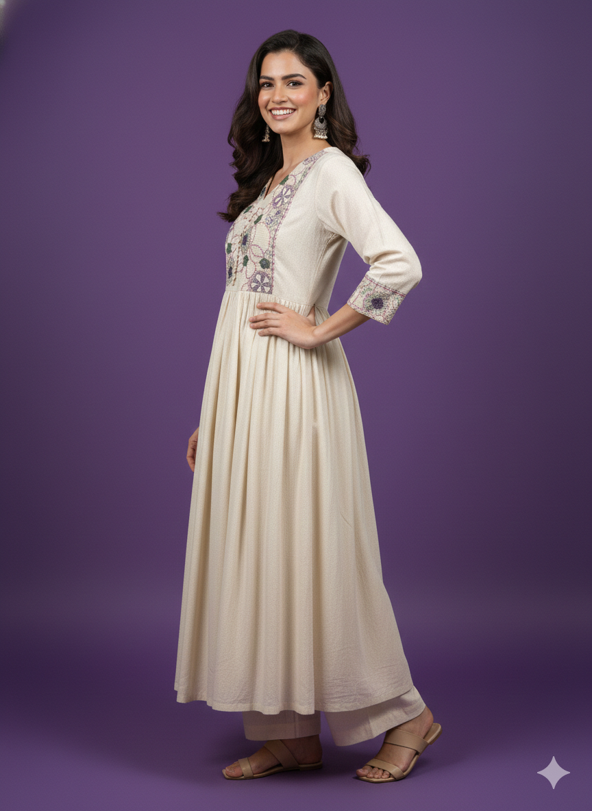 Ivory V Neck Cotton Kurta