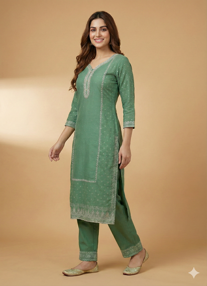 Green Round V Neck Cotton Kurta