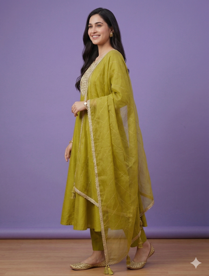 Green Round Neck Silk Gown