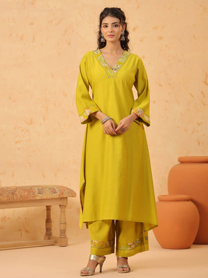 Green V Neck Viscose Kurta Set with Dupatta