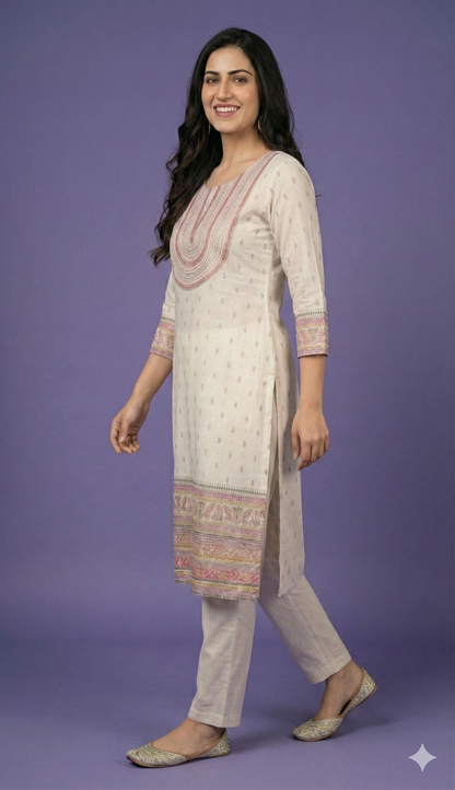 Ivory Round Neck Cotton Kurta