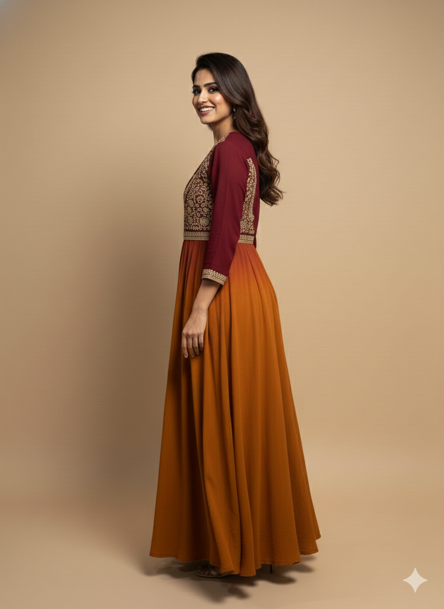 Burgundy V Neck Cotton Kurta Set with Dupatta