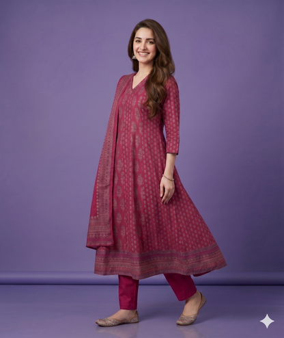 Pink V Neck Cotton Kurta Set with Dupatta