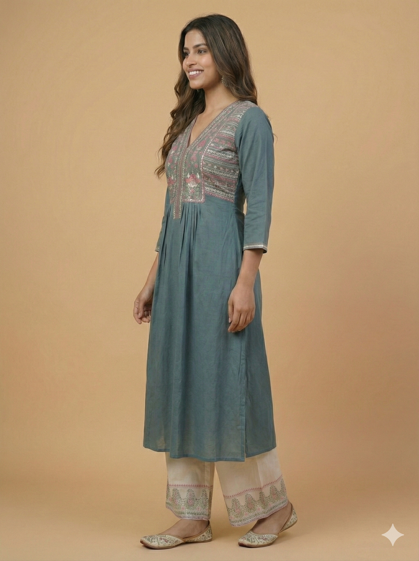 Blue V Neck Cotton Kurta