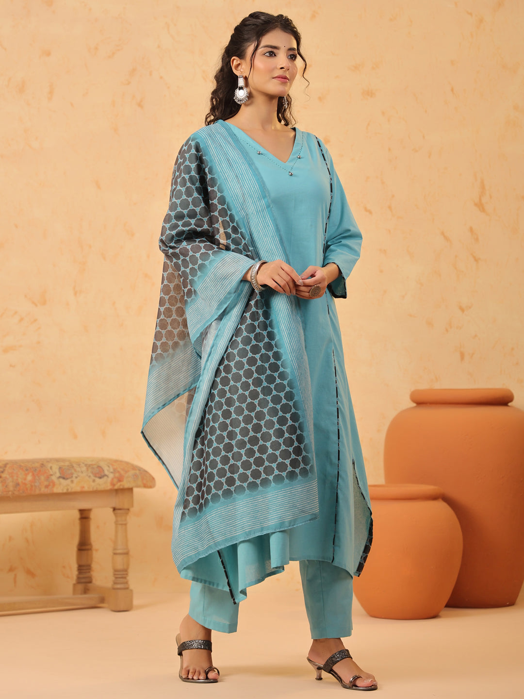 Green V Neck Cotton Kurta Set with Dupatta