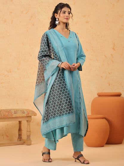 Green V Neck Cotton Kurta Set with Dupatta