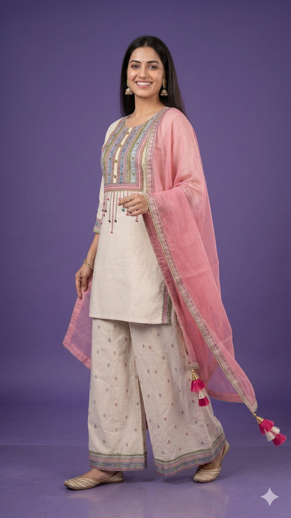 Ivory Round Neck Cotton Kurta Set with Dupatta