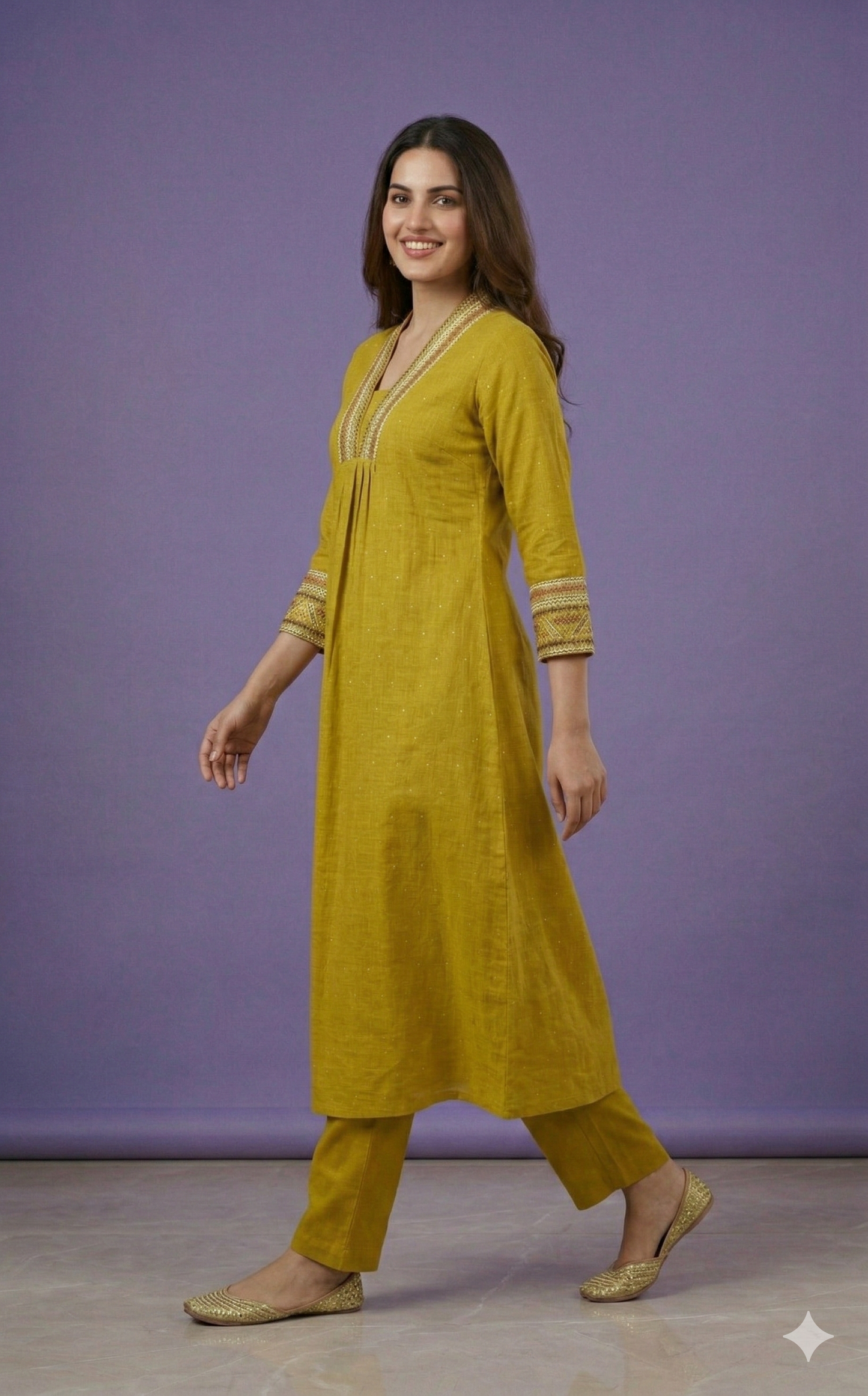 Yellow Deep-V Cotton Kurta