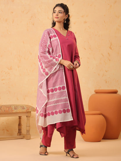 Pink V Neck Cotton Kurta Set with Dupatta