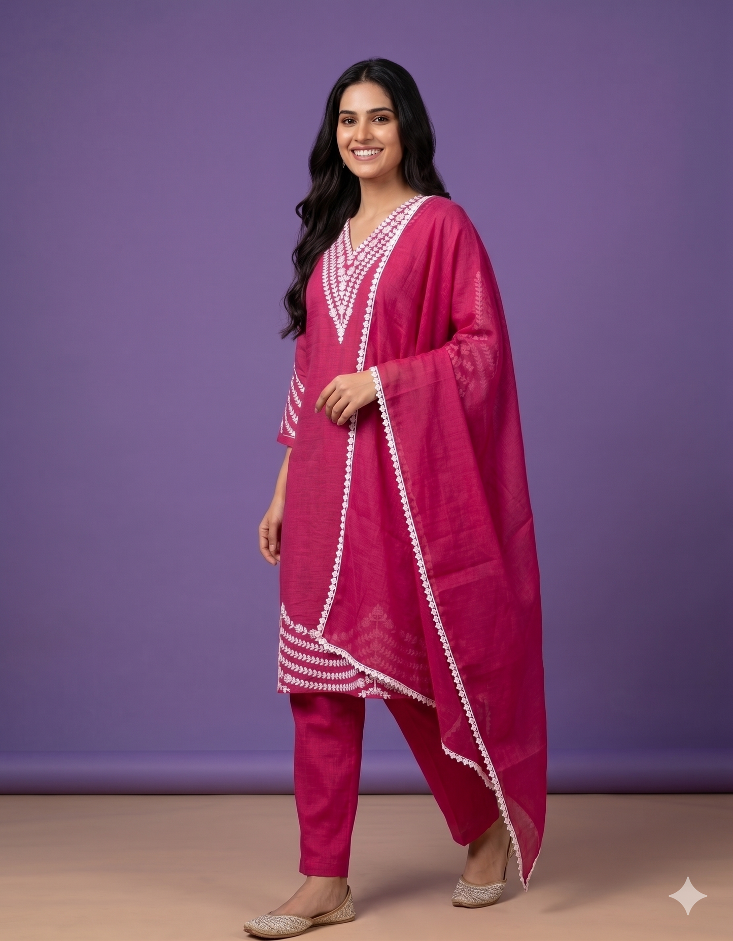 Pink V Neck Cotton Kurta Set with Dupatta