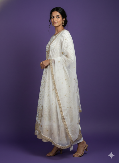White Round Neck Silk Kurta Set with Dupatta