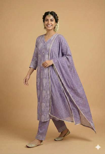 Purple V Neck Cotton Kurta