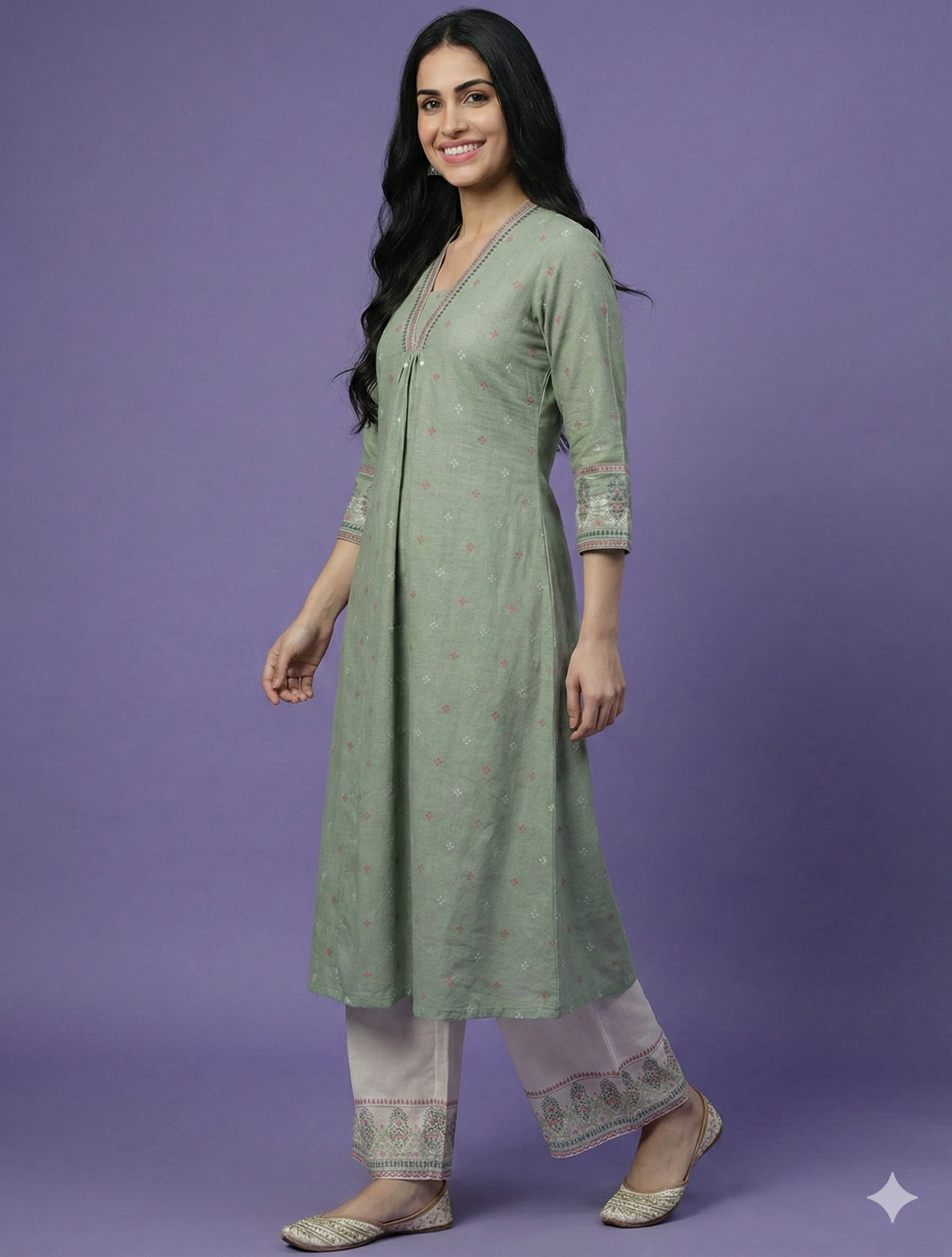 Green V Neck Cotton Kurta