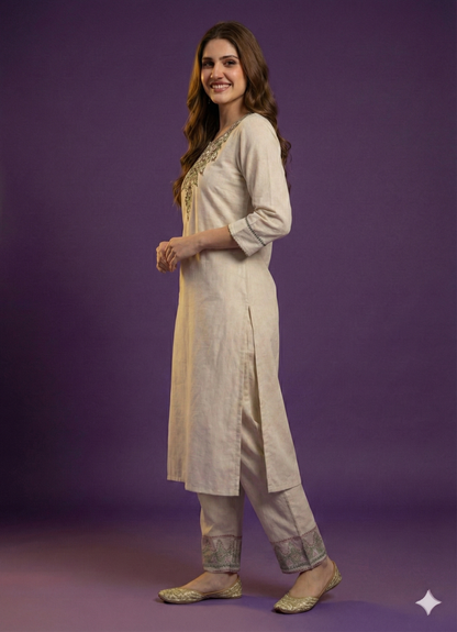 Ivory Round Neck Cotton Kurta