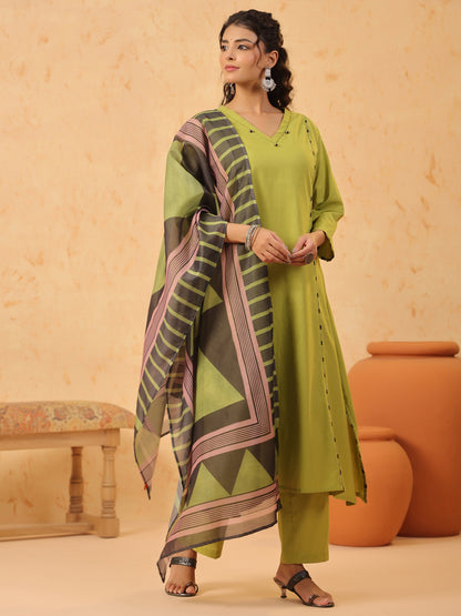 Green V Neck Cotton Kurta Set with Dupatta