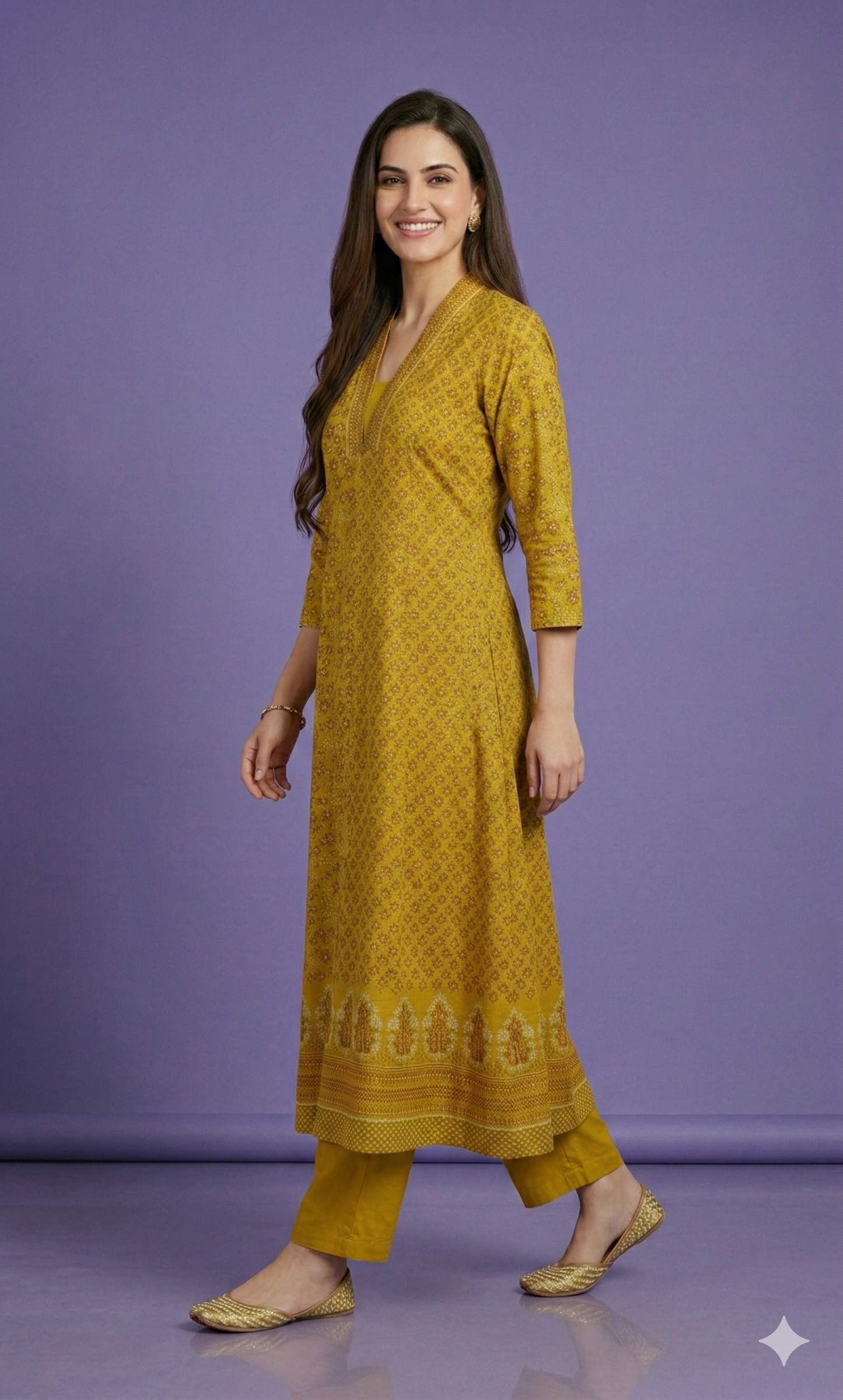 Yellow Deep-V Cotton Kurta Set with Dupatta