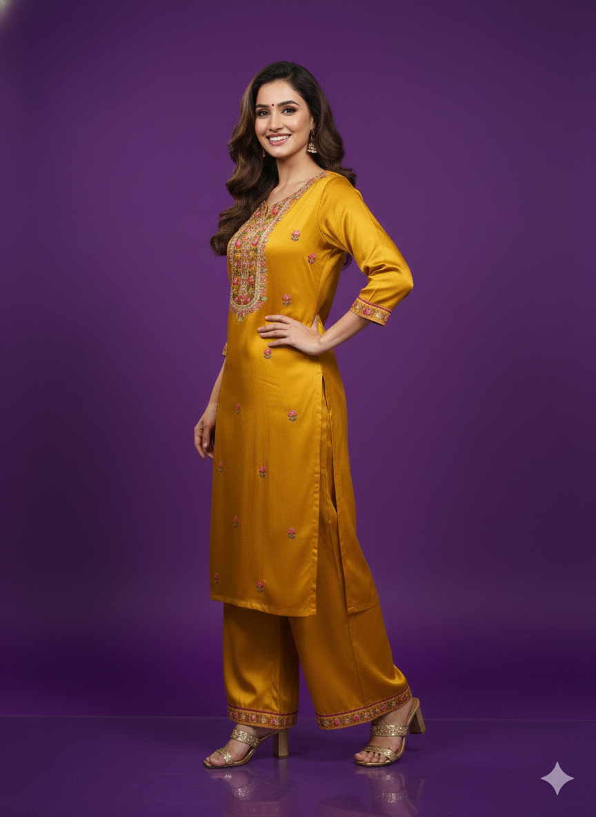 Yellow V-Neck Gaji Silk Kurta Set with Dupatta