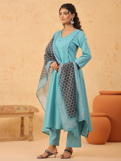 Green V Neck Cotton Kurta Set with Dupatta