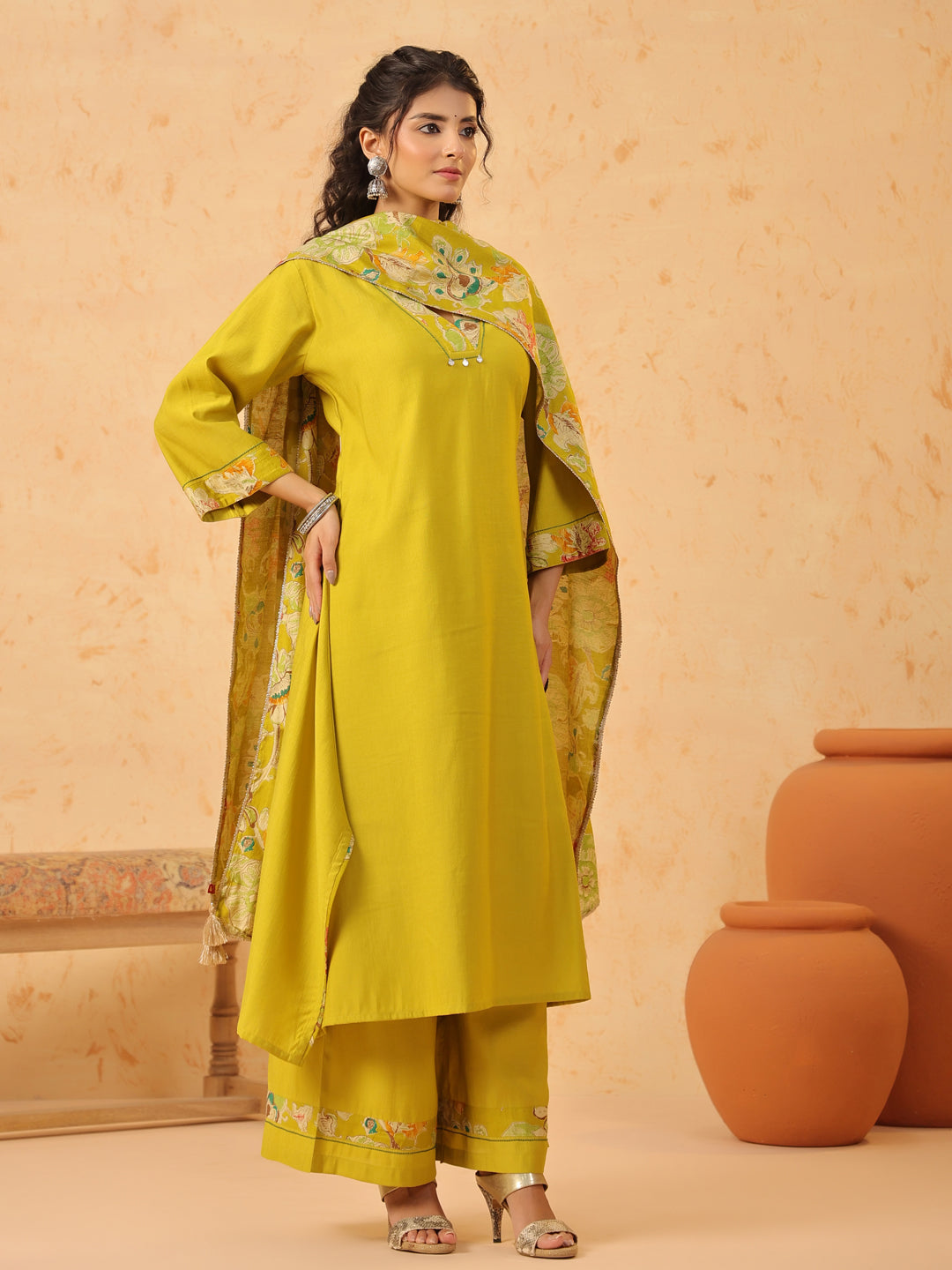 Green V Neck Viscose Kurta Set with Dupatta