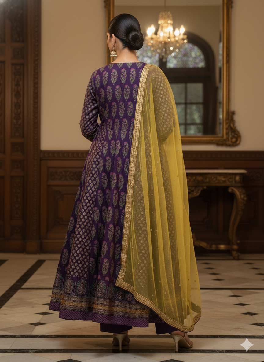 Purple V-Neck Silk Kurta Set with Dupatta