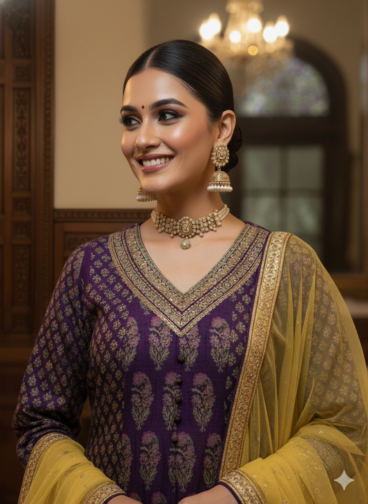 Purple V-Neck Silk Kurta Set with Dupatta