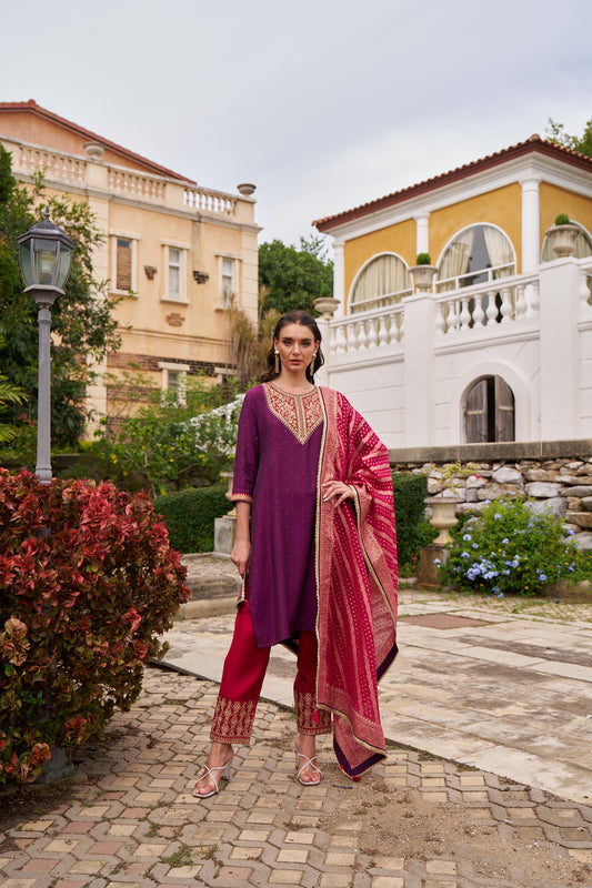 Purple Round Neck Silk Kurta Set with dupatta
