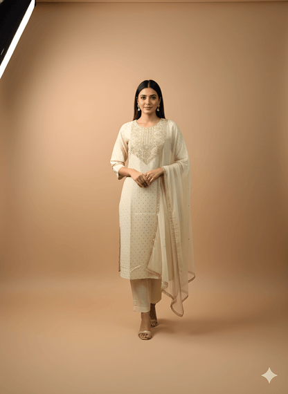 Ivory Round Neck Silk Cord Set