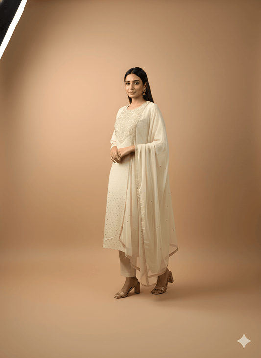 Ivory Round Neck Silk Cord Set