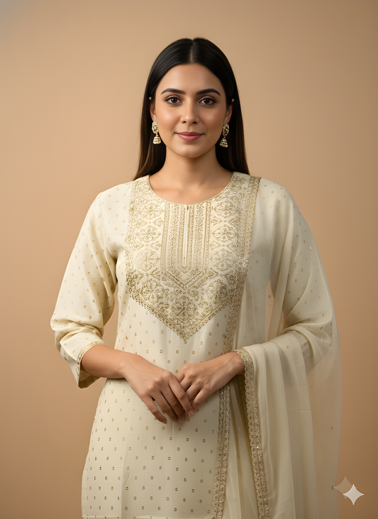 Ivory Round Neck Silk Cord Set