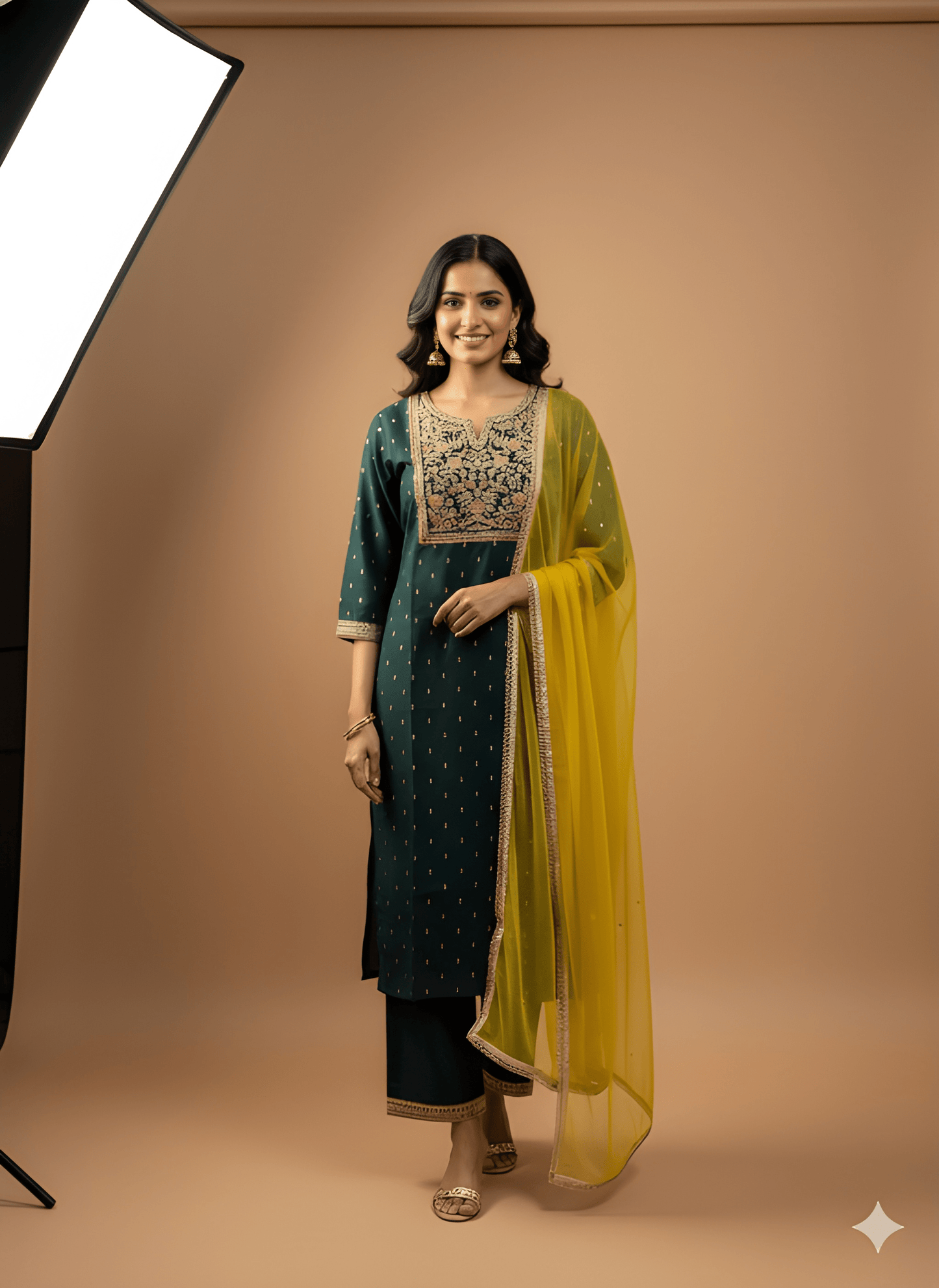 Green Round V Neck Silk Kurta