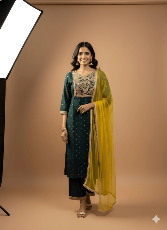 Green Round V Neck Silk Kurta