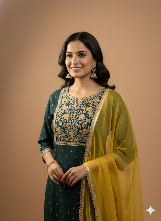 Green Round V Neck Silk Kurta