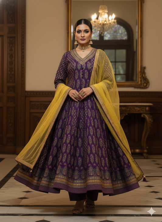 Purple V-Neck Silk Kurta Set with Dupatta