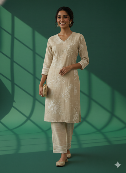 Ivory V-Neck Silk Cord Set