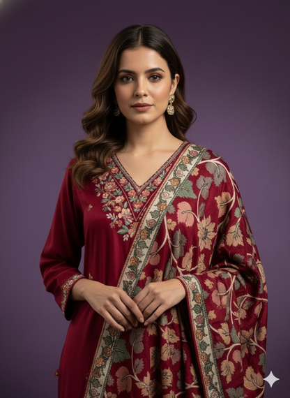 Red V-Neck Gazi Silk Kurta Set with Dupatta