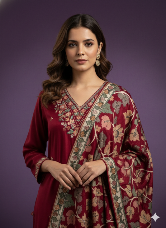 Red V-Neck Gazi Silk Kurta Set with Dupatta