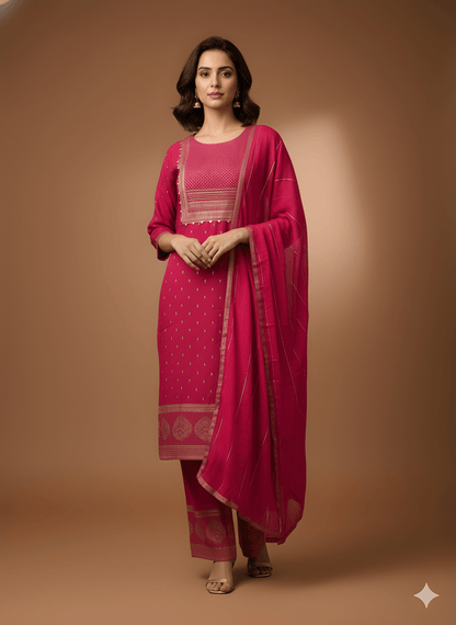 Pink Round Neck Rayon Cord Set