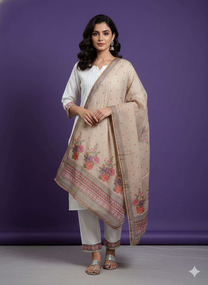 White Round V-Neck Silk 2PCS Set