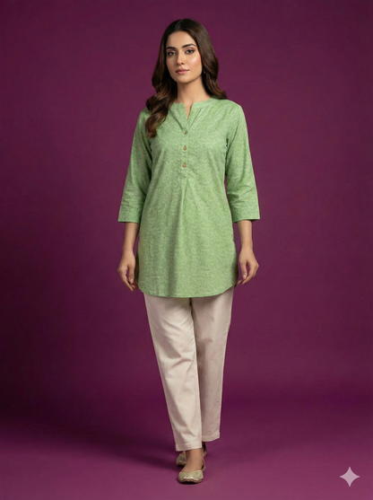 Span Green Mandarin Cotton Short Kurta