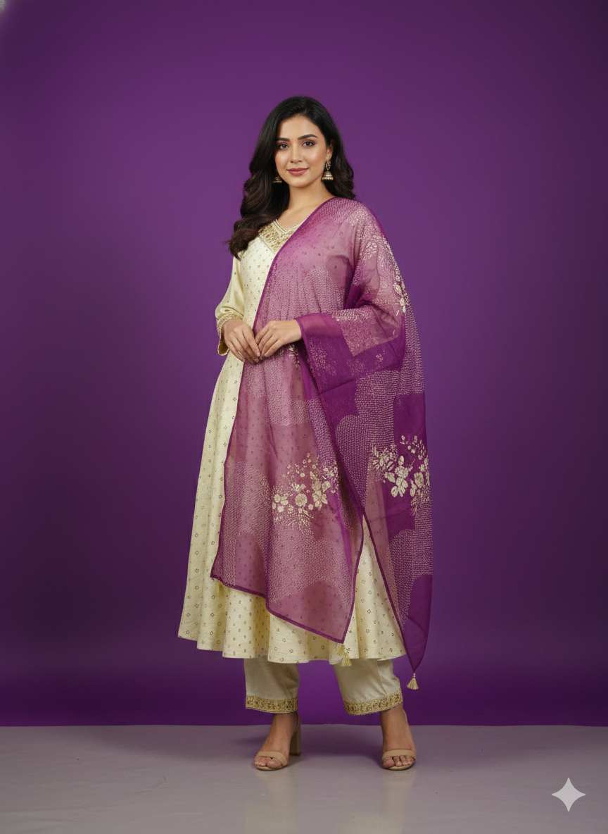 Ivory V-Neck Silk Kurta Set with Dupatta