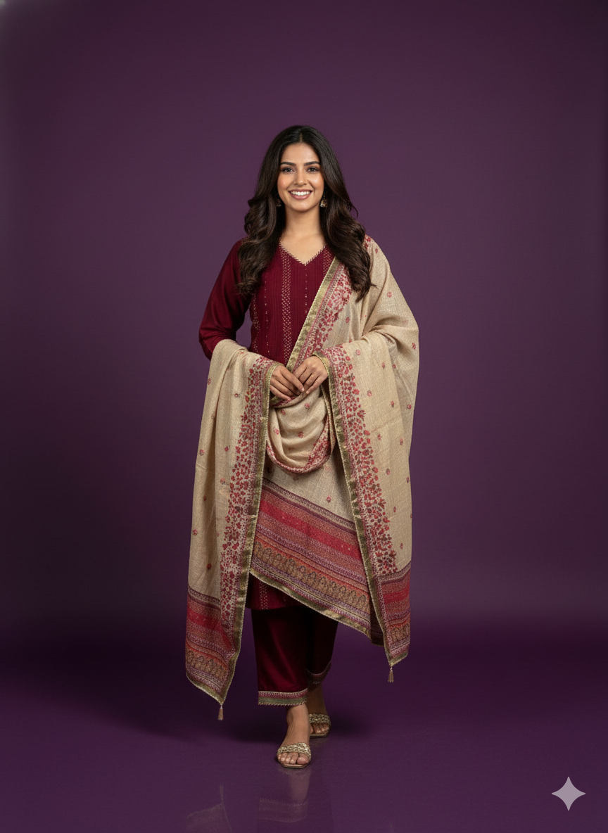 Burgundy Round V-Neck Silk 2PCS Set