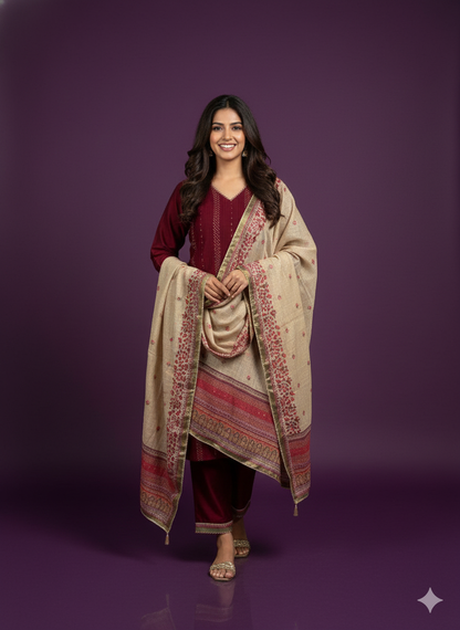 Burgundy Round V-Neck Silk 2PCS Set