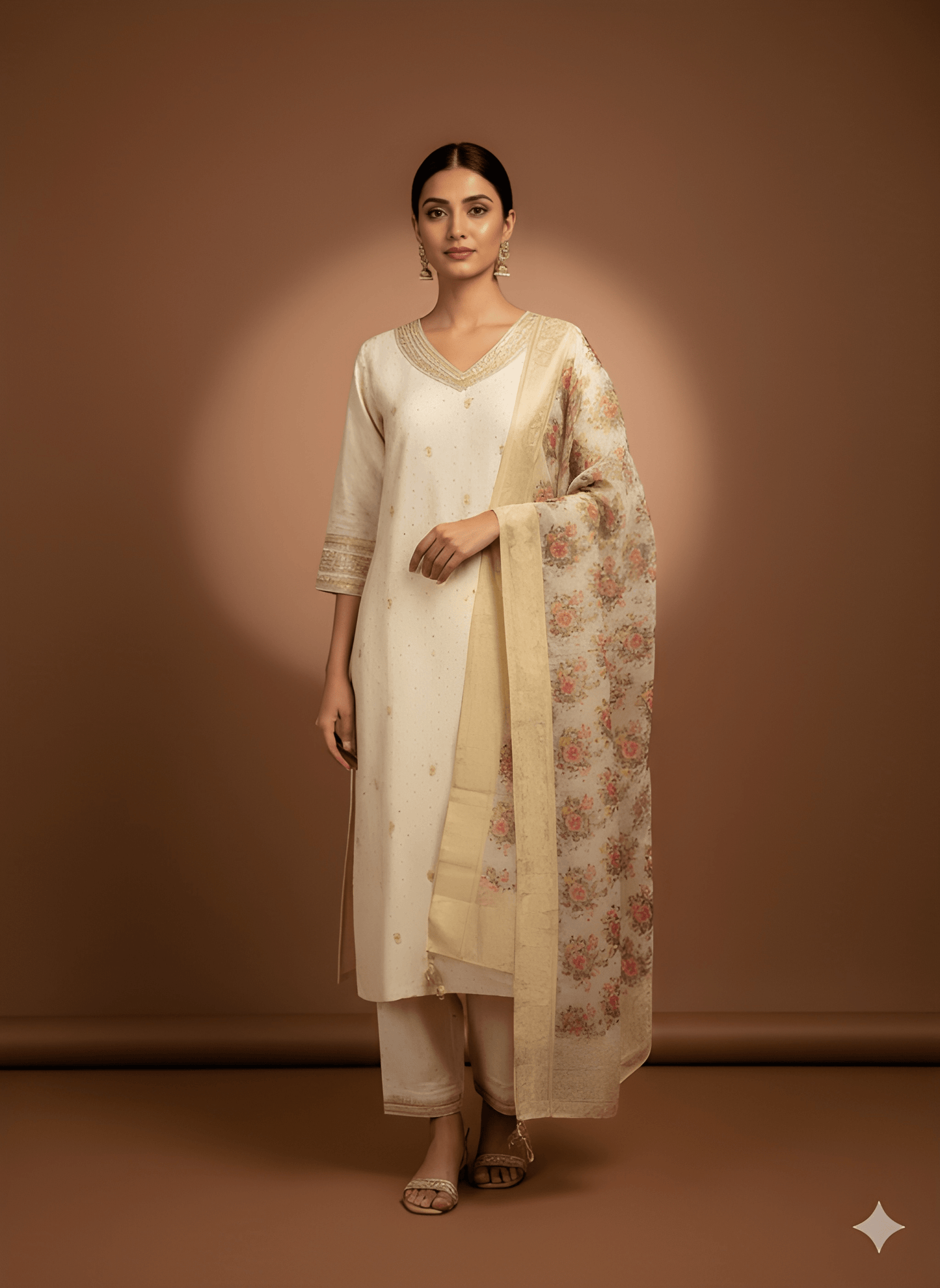 Ivory V Neck Cotton Kurta Set with Dupatta