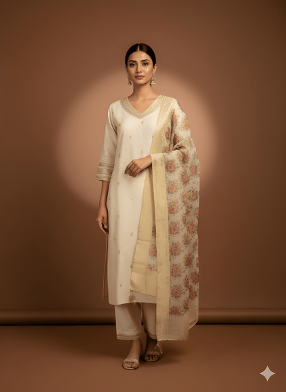 Ivory V Neck Cotton Kurta Set with Dupatta