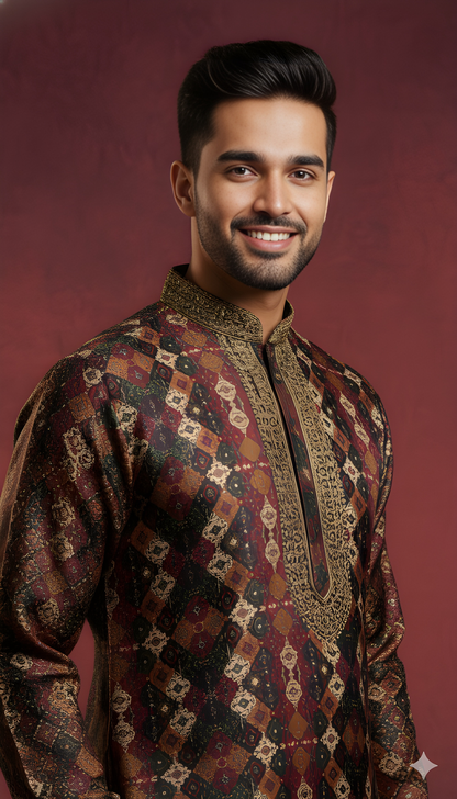 Burgundy Mandarin Neck Silk Kurta