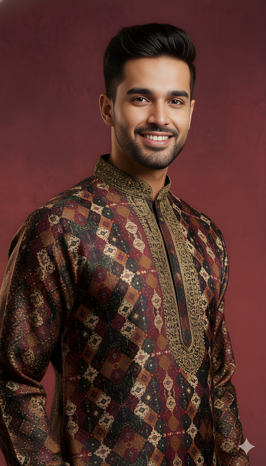 Burgundy Mandarin Neck Silk Kurta