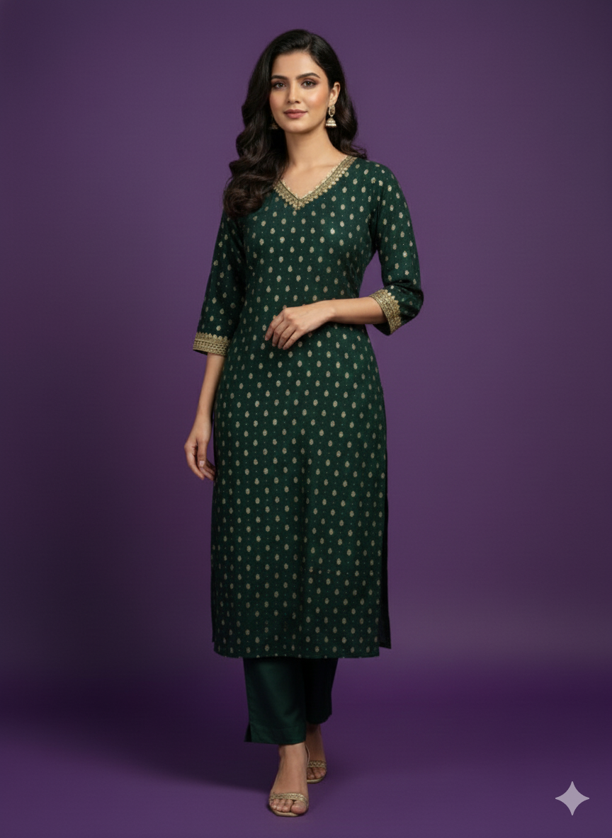 Green V-Neck Silk Kurta