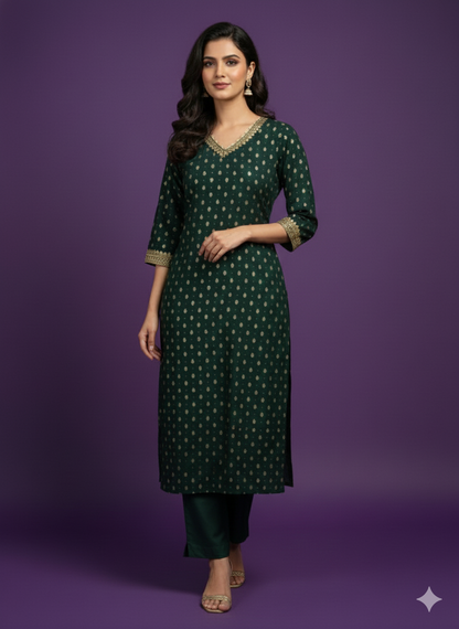 Green V-Neck Silk Kurta