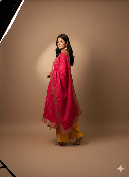 Yellow V Neck Cotton Kurta Set with Dupatta